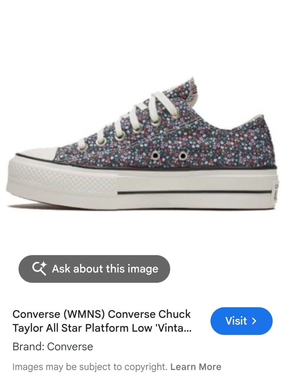 Converse Low Platform Sneakers - Black Floral with White Sole 7 To 7.5